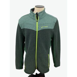 Spyder Full-Zip Mens Green Textured Fleece Jacket Neon Accents & Pockets Size XL